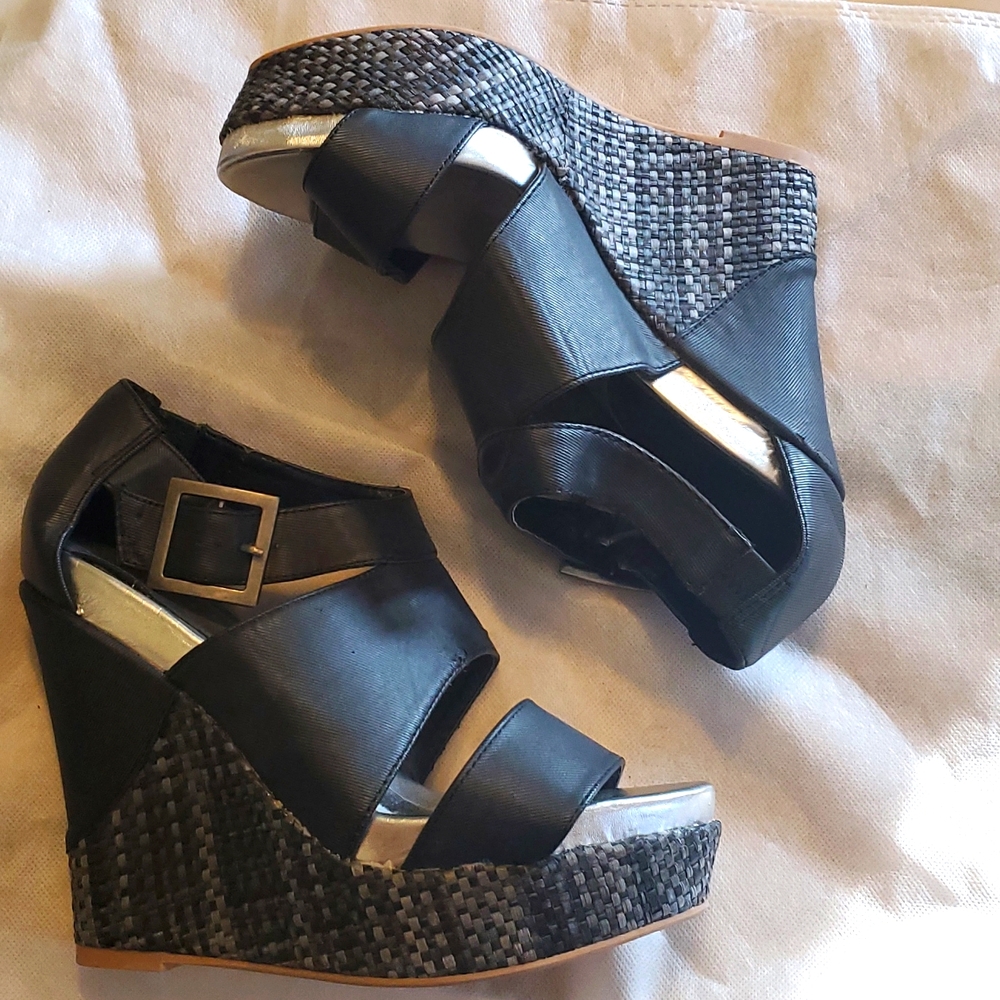 Black platform wedge heels sandals size 8.5